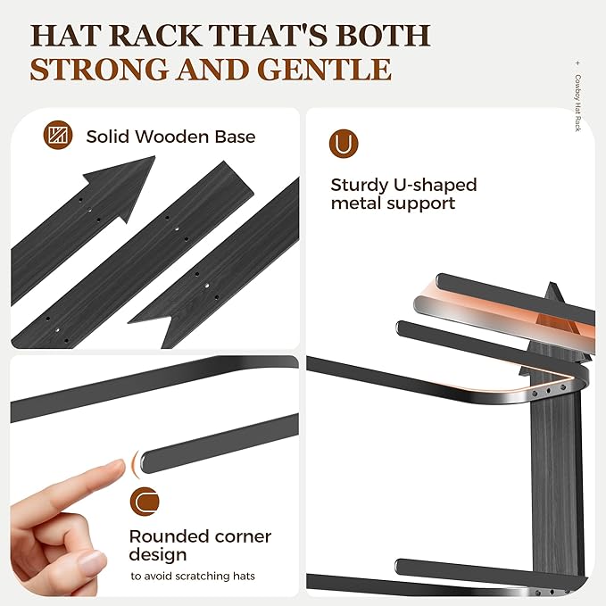 Cowboy Hat Rack for Wall, Cowboy Hat Holder Wall Mount Holds up to 6 Hats, Wooden Western Rustic Metal Hat-Organizer with Arrow Sign Board, Display and Decor Rack for Fedora, Sun Hats,Baseball Caps