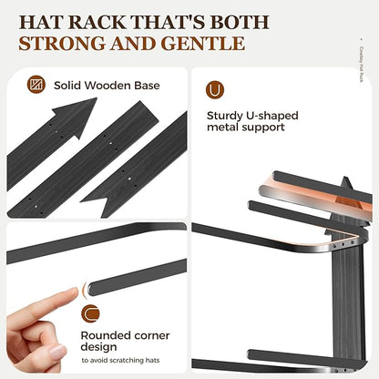 Cowboy Hat Rack for Wall, Cowboy Hat Holder Wall Mount Holds up to 6 Hats, Wooden Western Rustic Metal Hat-Organizer with Arrow Sign Board, Display and Decor Rack for Fedora, Sun Hats,Baseball Caps