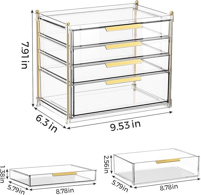 Aveniee 4 Drawers Makeup Organizer- Bathroom Counter Organizers and Storage, Plastic Bins Versatile Perfume Vanity Desk Organization for Cosmetic, Skincare, Face Mask, Jewelry, Clear