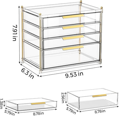 Aveniee 4 Drawers Makeup Organizer- Bathroom Counter Organizers and Storage, Plastic Bins Versatile Perfume Vanity Desk Organization for Cosmetic, Skincare, Face Mask, Jewelry, Clear