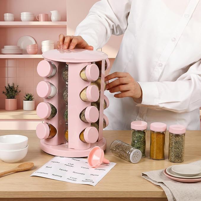 Yungyan Pink Rotating Spice Rack Seasoning Organizer with 16 Empty Jars, Spice Containers Set with Labels and Funnel, Revolving Seasoning Rack for Kitchen Accessories (Stainless Steel,Glass)