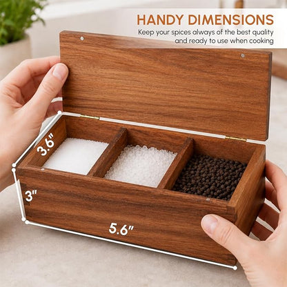 Vespara Acacia Wood Salt Cellar Spice Box with Flip Lid Storage, Large Capacity Salt Box for Kitchen, Gourmet Salts, Spices, Grilling & Cooking(3 natural)