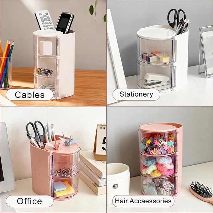 Hair Accessories Organizer & Hair Brush Holder, 3-Tier Clear Hair Accessory Organizer Rotatable Small Jewelry Box for Clip Earring Necklaces, Bows & Brushes The Latest Gift for A Girl. white