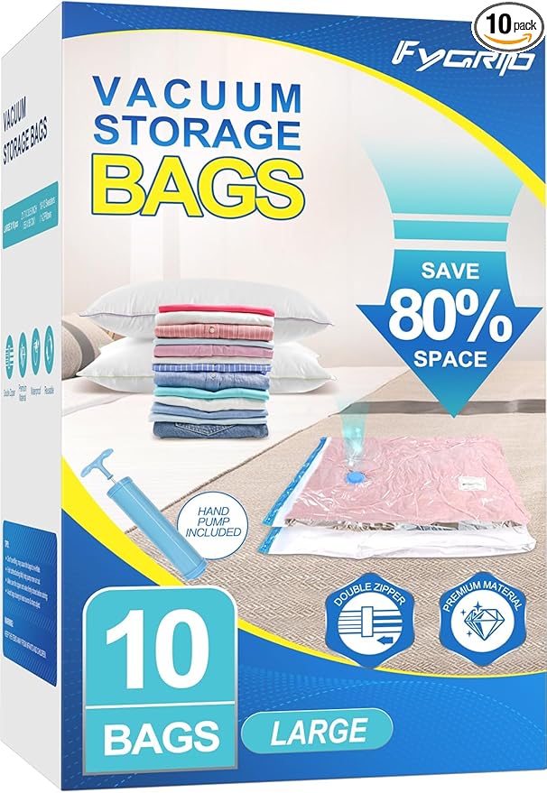 Fygrip Vacuum Storage Bags with Hand Pump, Plastic Packaging Bags, 80% Space Saver Vacuum Seal Bags for Clothing, Travel Lugggage, Blankets, Comforters, 10 Large