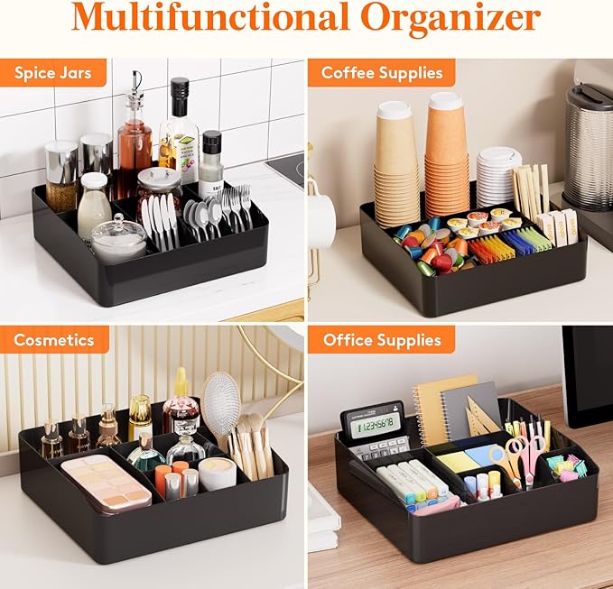 Lifewit Paper Plate Organizer for Kitchen Countertop, Plastic Silverware Caddy for Party, Utensil Holder with 7 Compartment, Cutlery Flatware Dispenser Box for Cup Spoon Fork Napkin, Black, 29 -31cm