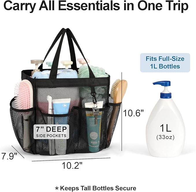 F-color Mesh Shower Caddy Portable with 2 Pack Name Tags, Upgrade Deeper 7 Pockets Shower Bag Tote for College Dorm Room Toiletry Bathroom Essentials Gym Camp Quick Dry 2 handles with S Hook, Black