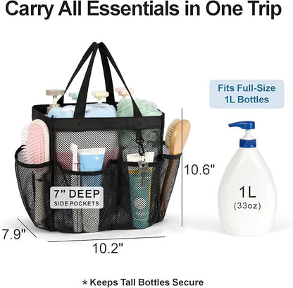 F-color Mesh Shower Caddy Portable, Upgrade Deeper 7 Pockets Shower Bag Basket Tote for College Dorm Room Bathroom Essentials Gym Camp Quick Dry 2 handles with S Hook, 2 Pack Black