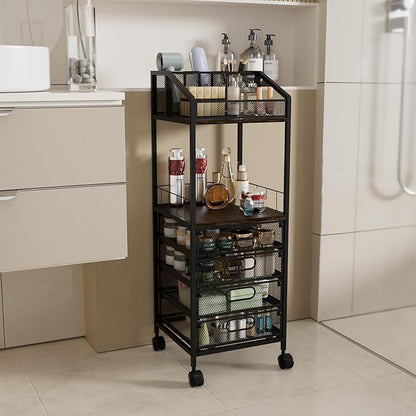 HapiRm Makeup Organizer Storage Cart - Floor Skincare Make Up Storage with 4 Drawers, Rolling Makeup Cart Vanity Organizer Cosmetics Display Cases Holder for Skin Care Perfume Nail Polish
