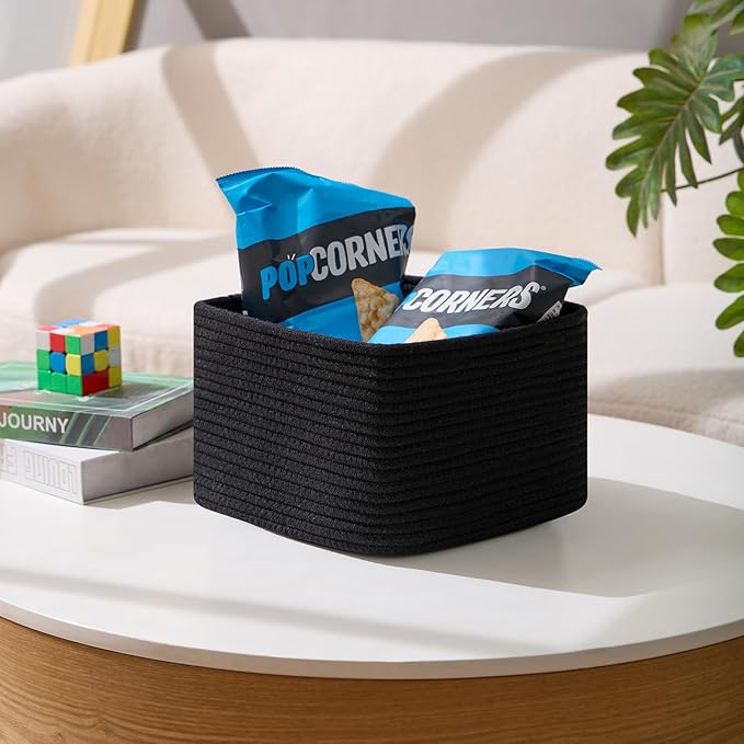MiniArk Small Organizing Baskets for Cubes Shelf, 9.7x9.7x7.1 Inch Rope Woven Storage Bins for Nursery Shelves Storage, Cute Toy Basket, Square 3 Packs Black