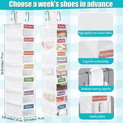 2 Pack 7 Shelf Weekly Clothes Organizer Hanging Closet for Kids with Side Pockets Weekday Shoes Rack Weekly Clothes Organizers Monday Through Weekend Foldable Storage Shelves(White)