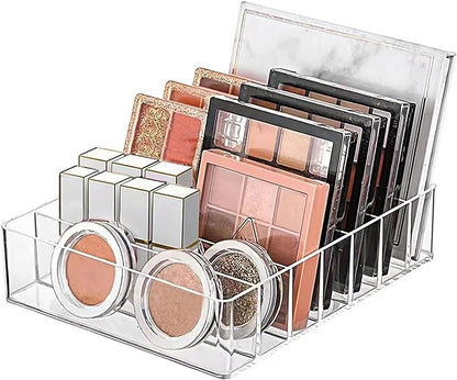WECHENG Clear Acrylic Makeup Organizer for Eyeshadow Palette and Lipstick Organizer, 7 Slots Divided Makeup Palette Organizer for Vanity Countertop Drawer Cosmetics Storage(Closed-Sided Design)