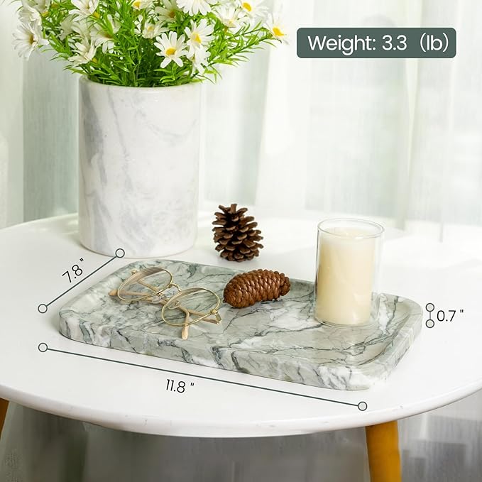 Karibiber Vanity Tray, Marble Bathroom Tray Countertop, Decorative Dresser Organizer, Green Stone for Perfume Jewelry Holder Storage for Kitchen Sink(Light Green)