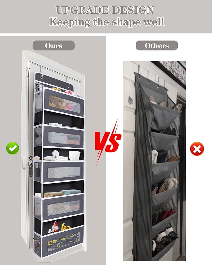 Over The Door Organizer 44LB Capacity with 5 Large Pockets & 10 Mesh Side Pockets, Clear Window Anti-Tilt Hanging Storage for Nursery, Bathroom, Pantry - Dark Grey, 1 Pack