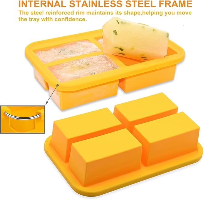 Bangp 1-Cup Silicone Freezing Trays with Lid,2 Pack,Easy-Release Silicone Freezer Molds for Soup Ice Cubes,Soup Freezer Molds,Freeze & Store Broth,Sauce,Leftovers - Makes 8 Perfect 1 Cup Portions