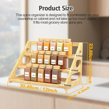 Spice Rack - Tiered Spice Rack Organization for Cabinet - 3 Tier Bamboo Display Spice Shelf for Countertop