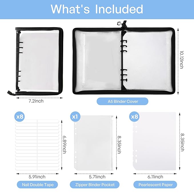 18PCS Press On Nail Organizer Clear Empty Press on Nail Packaging Set with 8 Insert Pages,8 nail double tape and 1 Zipper Pocket for Fake Nail Storage Nail Art Salon (black)