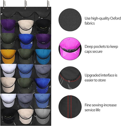 Dofilachy Hat Organizer Racks for Baseball Caps, Visible Hat Holder Rack for Wall Door with 3 Hooks, 24 Deep Pockets