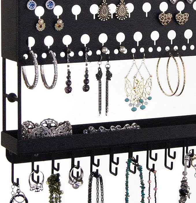 Angelynn's Wall Mounted Earring Holder Necklace Organizer for Small and Medium Post Stud Dangle Pierced Earrings, Hanging Closet Jewelry Storage Rack with Tray, AAA Black 14 1/2" x16 1/4"