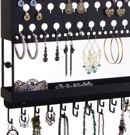 Angelynn's Wall Mounted Earring Holder Necklace Organizer for Small and Medium Post Stud Dangle Pierced Earrings, Hanging Closet Jewelry Storage Rack with Tray, AAA Black 14 1/2" x16 1/4"