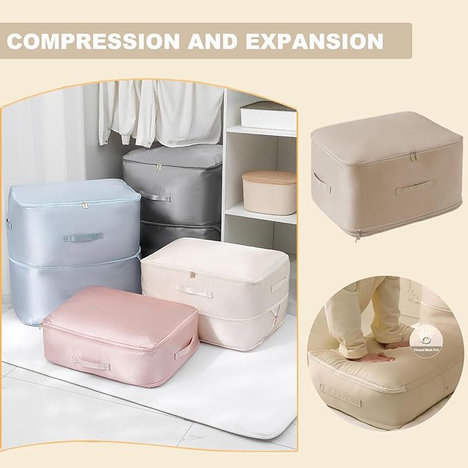 Ultra Space Saving Self Compression Organizer, Storage Tote for Space Saving,Packing Bags Clothes Storage Bags Self Compression Organizer for Comforters, Blankets, Bedding (Beige)