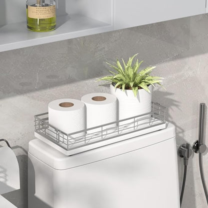 Toilet Paper Basket, 13 Inch Oak and Iron Bathroom Tank Tray Top of Toilet Storage Toiletries Organizer for Bathroom, Living Room and Kitchen (White)
