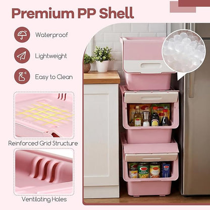 Giantex Plastic Stackable Storage Bins with Lids & Wheels, 3 Pack Open Front Stacking Bins, Organizer Bins for Pantry, Kitchen, Laundry, Closet, Playroom, Bedroom Organization (35 QT)