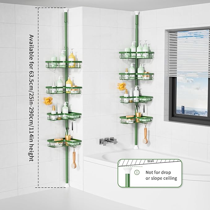 KEGII Shower Caddy Tension Pole, 4-Tier Rustproof Adjustable Corner Bathroom Organizer for Renters, 25–114.2 Inch No Drill Space-Saving Shower Storage Rack, Emerald Green
