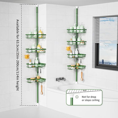 KEGII Shower Caddy Tension Pole, 4-Tier Rustproof Adjustable Corner Bathroom Organizer for Renters, 25–114.2 Inch No Drill Space-Saving Shower Storage Rack, Emerald Green