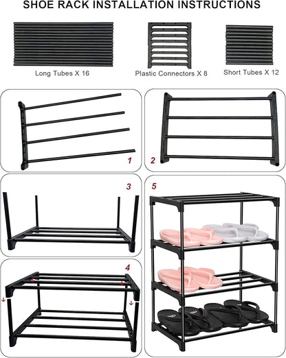 LNYZQUS Upgrade 4-Tier Small Shoe Rack, Metal Stackable Kids Shoe Shelf Storage Shoe Stand Organizer for Closet Entryway Hallway,Zapateras Organizer for Shoes(Black)