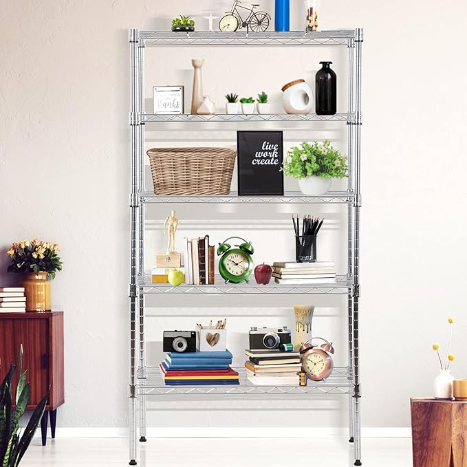 5-Tier Storage Shelves Adjustable Metal Shelf 1200Lbs Capacity NSF Wire Rack Shelving with Adjustable Feet Shelf Unit for Kitchen Garage Basement, 72" H x 36" W x 14" D, Chrome