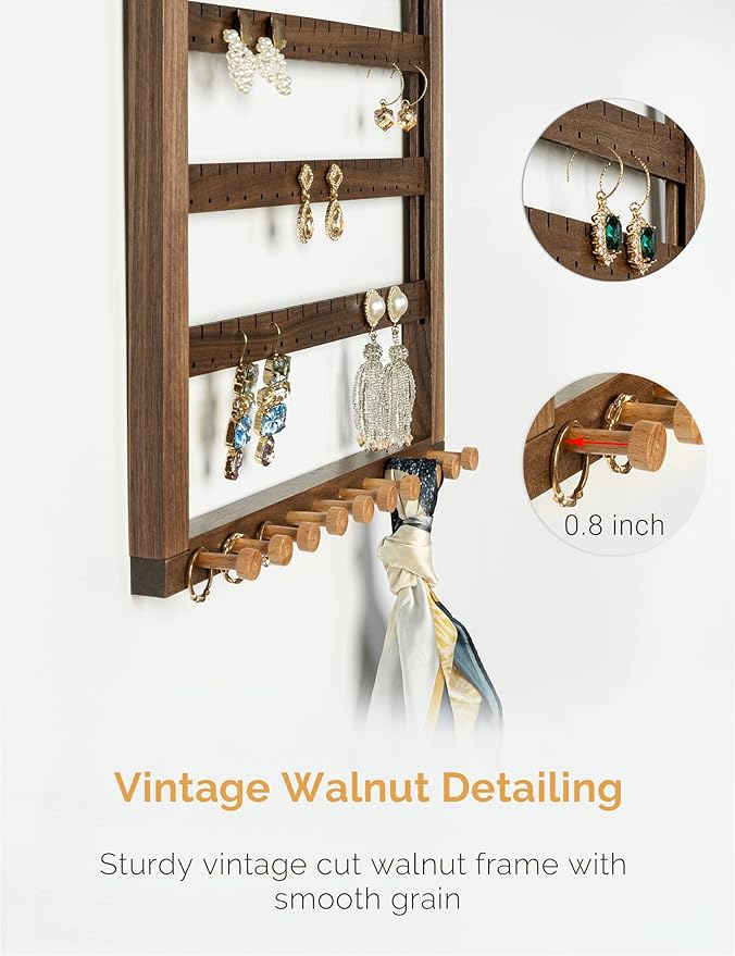 Mymazn Easy Assemble Solid Walnut Wood Earring Wall Holder Hanging Jewelry Organizer Necklace Holder Earring Hanger Wall Mount Jewelry Organizer for Necklaces Rings Scruncies Organization