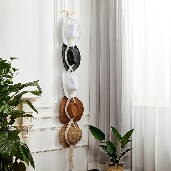 Yulejo Macrame Hat Hangers Racks Boho Cowboy Hats Holders Western Display Organizer Storage decor Back of Door for Wall(White,Five Hats Style)