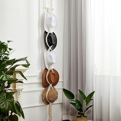 Yulejo Macrame Hat Hangers Racks Boho Cowboy Hats Holders Western Display Organizer Storage decor Back of Door for Wall(White,Five Hats Style)