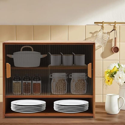 OUKANING 3 Tiers Small Bamboo Kitchen Pantry Sideboard with 2 Sliding Striped Glass Doors, Freestanding Kitchen Pantry Cabinet for Bottle, Dish, Bowl Console Dining Cupboard, Tea-Colored