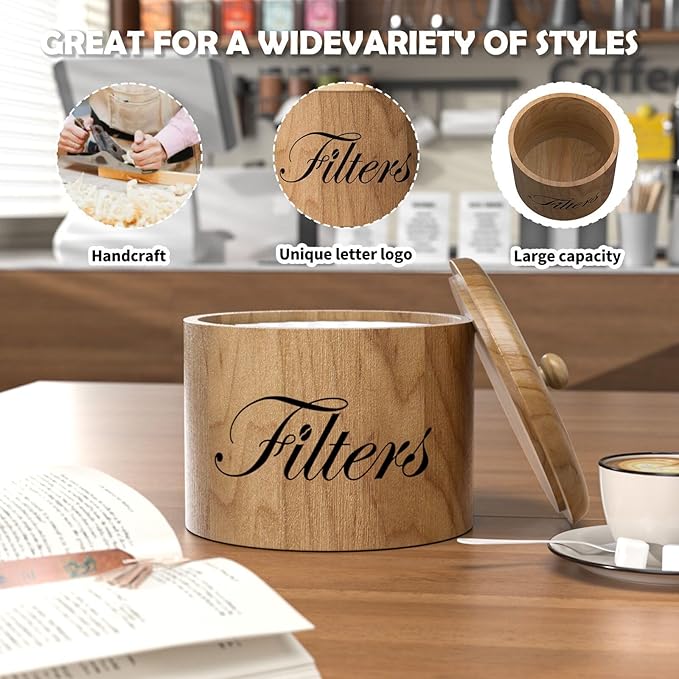 Coffee Filter Holder, Wooden Coffee Filter Storage with Lid, RoundCoffeeFilterContainer for Counter, Rustic Bar Accessories Holder Decor (Natural)