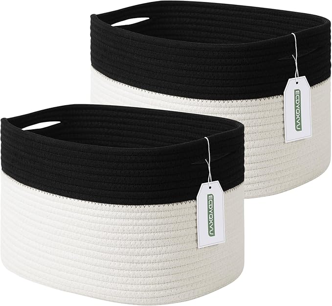 ECDYQXVU Cotton Rope Storage Basket, 15x10x9 Inches, Woven Basket for Shelves, Clothes, Towels, Books, and Laundry, Black/ White (2 Pack)