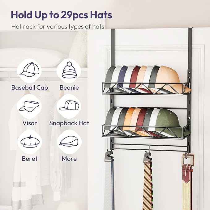 SWTYMIKI Over Door Hat Organizer - 3 Tier Wall Mounted Hat Rack with 2 Adjustable Metal Basket and 3 Hooks, Hanging Baseball Cap Organizer Storage Holds up to 29 Caps for Door, Bedroom, Closet