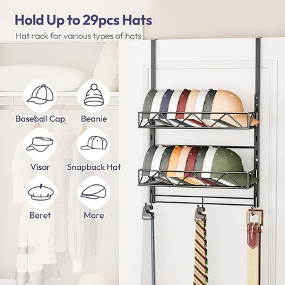 SWTYMIKI Over Door Hat Organizer - 3 Tier Wall Mounted Hat Rack with 2 Adjustable Metal Basket and 3 Hooks, Hanging Baseball Cap Organizer Storage Holds up to 29 Caps for Door, Bedroom, Closet