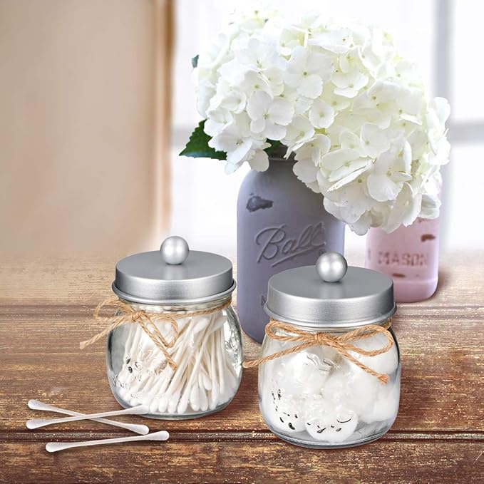 SheeChung 2 Pack Qtip Holder for Bathroom, Cotton Swab Holders, Cute Mason Jars Decor, Bathroom Decor and Accessories for Cotton Round Pads, Balls, Floss Pick - Frosted Silver