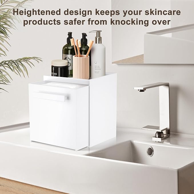 Disposable Face Towel Storage Box Compatible with Clean Skin Club Clean Towel XL Acrylic Facial Towels Holder with Drawer Wall-Mounted Makeup Organizer for Vanity, Bathroom (Glossy White)