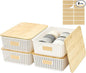 Bagnizer 4 Pack Plastic Storage Bins with Bamboo Lids, 6.2qt Stackable Storage Organizer Box with Lable for Pantry Shelves Drawers Desktop Office, 12"L x 8.3"W x 3.5"H, Cream White