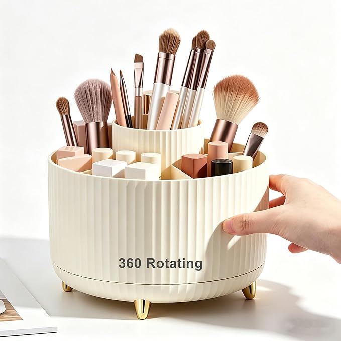 360 Degree Rotating Makeup Brush Holder Organizer Detachable Design 5 Slot Make up Brushes Cup for Cosmetics and Pencil Pen Organizer for Desk Makeup Organizer Skincare Storage for Vanity（Cream）