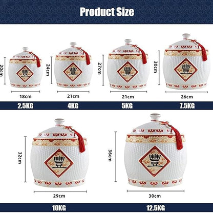 Chinese Ceramic Rice Bucket, Ceramic Rice Cylinder Ceramic Jar with Lid Grain Dispenser, Large Grain Dispenser, Food Storage Container with Lid, Sealed Rice Storage Jar for Noodles Rice Snacks