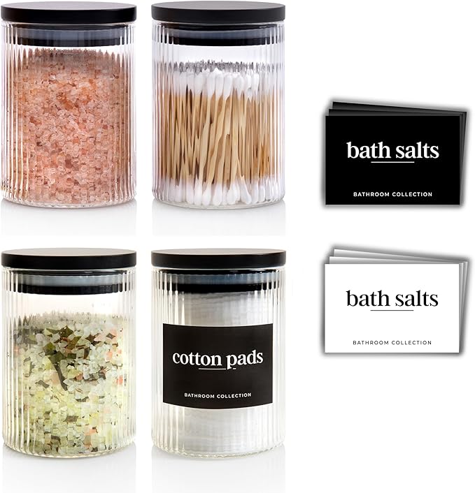 Mason & Fable Ribbed Glass Bathroom Jars with Black Bamboo Lids | Cotton Pad / Swab / Q tip | Bath Salt / Clear Vanity Apothecary Storage Canister Organizer-10fl.oz, Set of 4