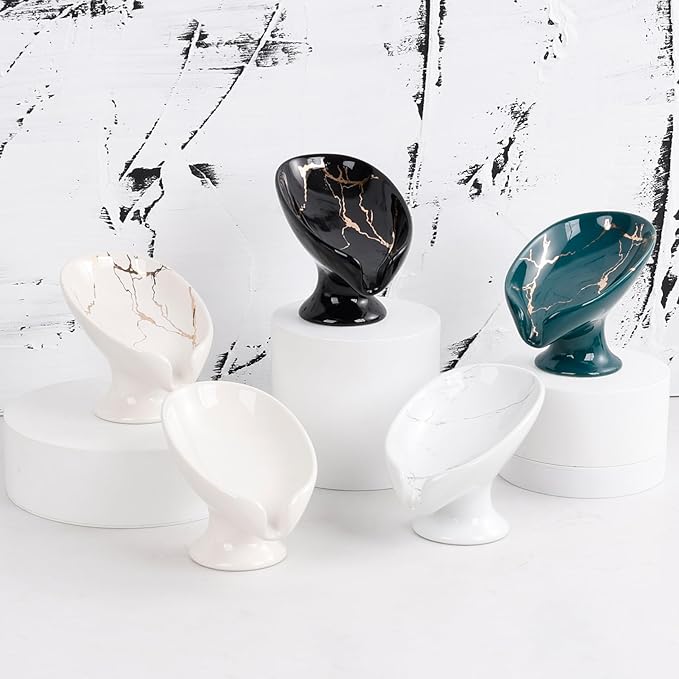 Small Soap Dish, Self Draining Bar Soap Holder for Bathroom Sink, Leaf Shaped Drainage Ceramic with Marble-Pattern Finish, Decorative Soap Dish, No Suction Cup, ANTIS'S HOME
