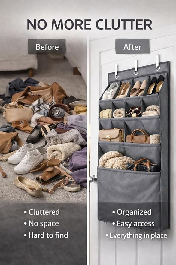 Over the Door Shoe Organizer, Hanging Closet Storage with Deep Pockets, Space Saving Door Organizer for Shoes, Bags, Accessories, 900D Oxford Fabric, Heavy Duty Hooks