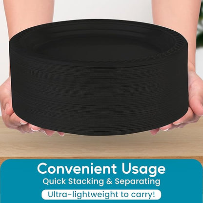 Framo 300 Piece Disposable Black Tableware Set for 50 Guests - Microwavable Plastic Dinnerware Set of 50 9” Plates, 50 6” Dessert Plates, 50 9oz Cups, 50 Spoons, 50 Forks, 50 Knives