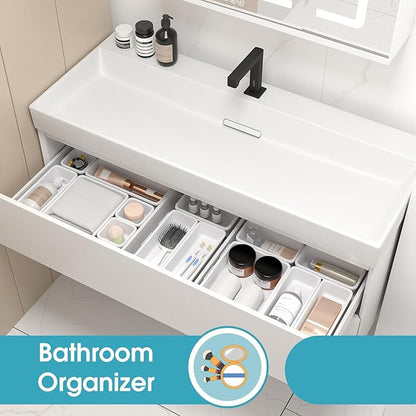 10 PCS Drawer Organizer Set, 4 Size Makeup Drawer Divider Organizer With Non-Slip Pads, Interlocking Plastic Storage Bins for Office,Jewelry Vanity,Gadgets, Bathroom,Kitchen, White