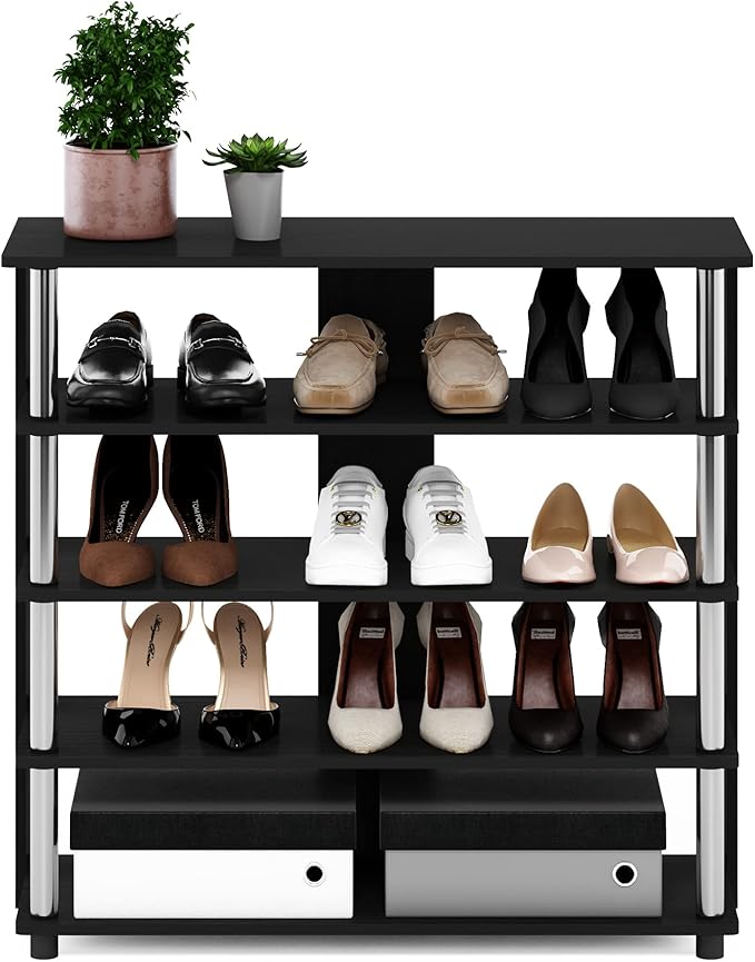 Furinno Turn-N-Tube 5 Tier Wide Shoe Rack, Americano, Stainless Steel Tubes