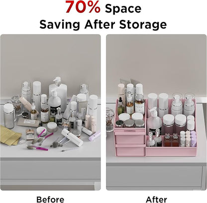 DancesCat Pink&2 Drawers Makeup Organizer Countertop, Vanity Organizer with 7 Compartments and 2 Drawers for Cosmetics, Skincare, Brushes, Perfume, Bathroom Counter Organizer